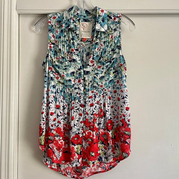 Anthropologie Conversations 6 of 52 Floral Daisies Blouse XSP Sleeveless Button - Picture 6 of 15